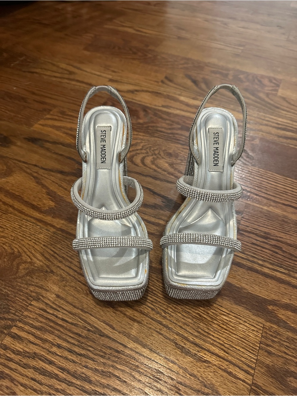 Steve Madden Silver Rhinestone Double-Strap Slingback Heels